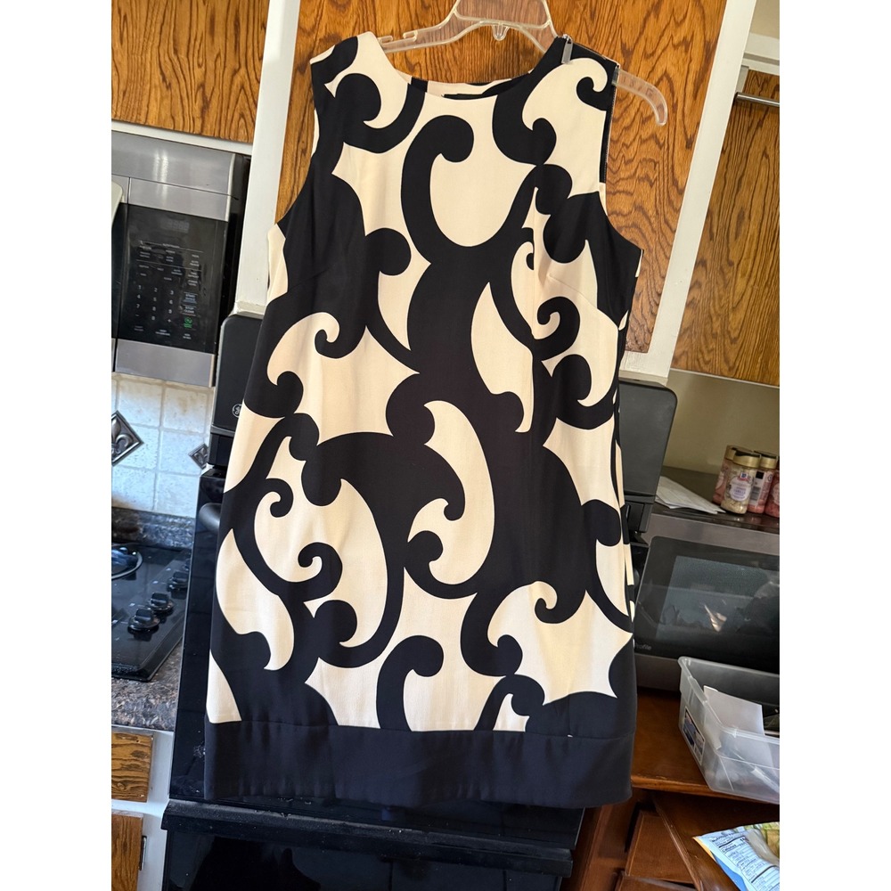 Alyx Sleeveless Shift Dress Black Cream Scroll Damask Print Size 14